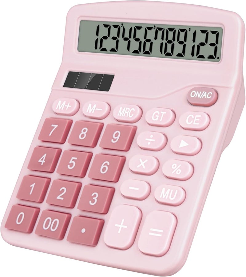 HUTUDD Desktop Calculator, Pink Calculator Big Buttons, 12-Digits Large LCD Display, Solar and AA Battery Dual Power, Desk Calculators for Office Home School Business Class (Pink) - Image 1